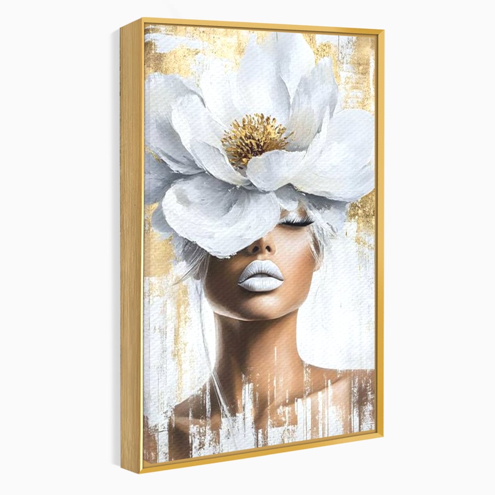 Tablou canvas cu tablou canvas cu portret de femeie si magnolie, in rama de aluminiu auriu